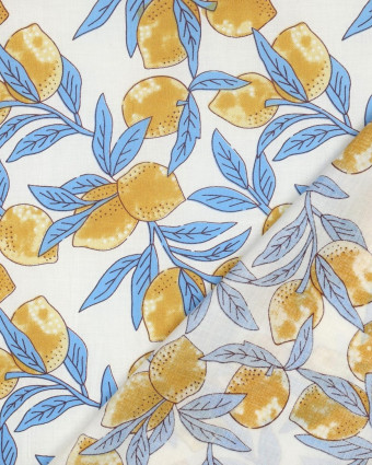 Tissu Coton Block Print  Motif Citron Jaune et Bleu - Mercerine
