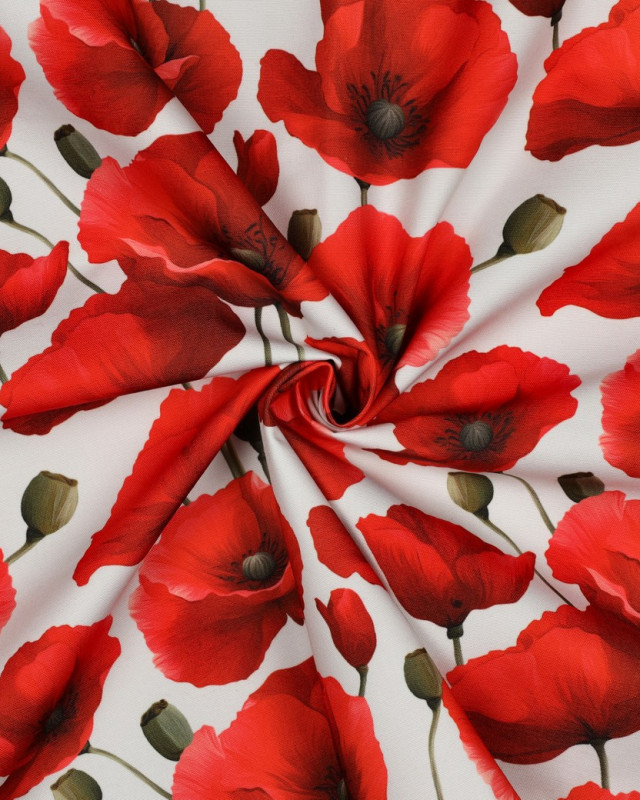 Tissu Déperlant Coquelicot Fond Blanc - Mercerine