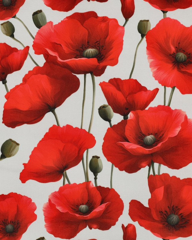 Tissu Déperlant Coquelicot Fond Blanc - Mercerine