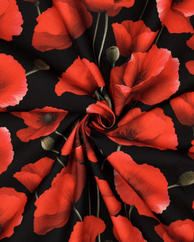 Tissu Déperlant  Coquelicot Fond Noir - Mercerine