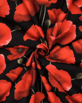 Tissu Déperlant  Coquelicot Fond Noir - Mercerine