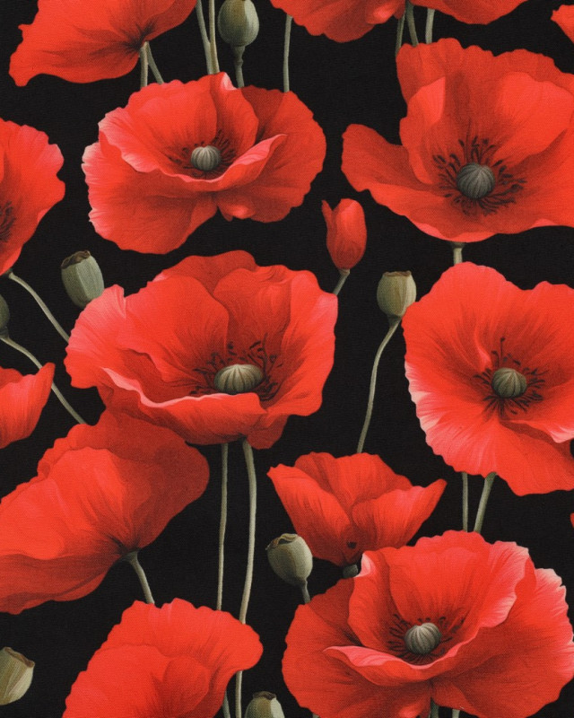 Tissu Déperlant  Coquelicot Fond Noir - Mercerine