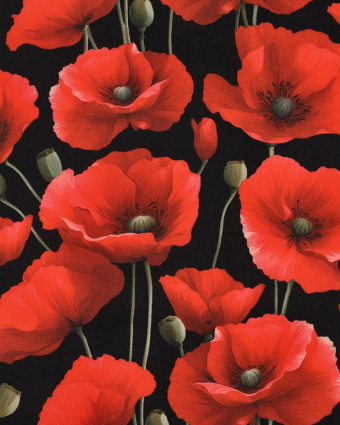 Tissu Déperlant  Coquelicot Fond Noir - Mercerine