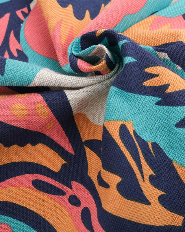Tissu Effet Lin Hawaï Bleu et Corail - Oeko-Tex - Mercerine