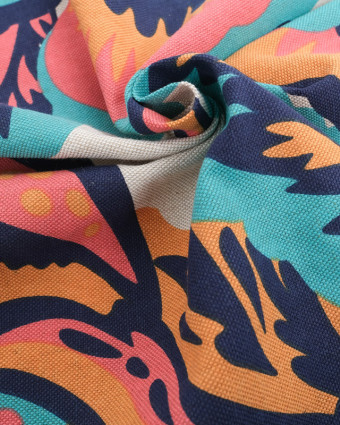 Tissu Effet Lin Hawaï Bleu et Corail - Oeko-Tex - Mercerine
