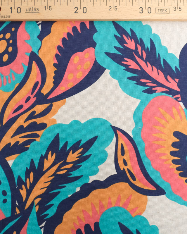 Tissu Effet Lin Hawaï Bleu et Corail - Oeko-Tex - Mercerine