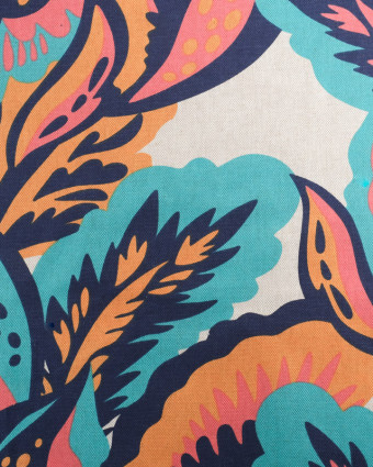Tissu Effet Lin Hawaï Bleu et Corail - Oeko-Tex - Mercerine