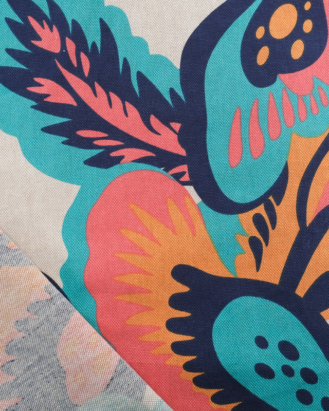 Tissu Effet Lin Hawaï Bleu et Corail - Oeko-Tex - Mercerine