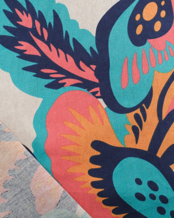 Tissu Effet Lin Hawaï Bleu et Corail - Oeko-Tex - Mercerine
