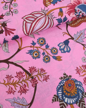 Voile de Coton Esprit Indien Rose Bonbon Motif Floral - Mercerine