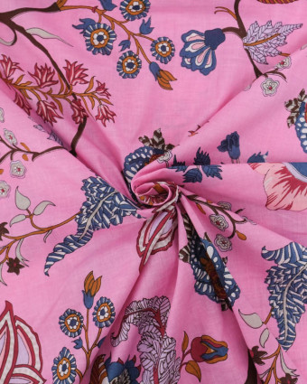 Voile de Coton Esprit Indien Rose Bonbon Motif Floral - Mercerine