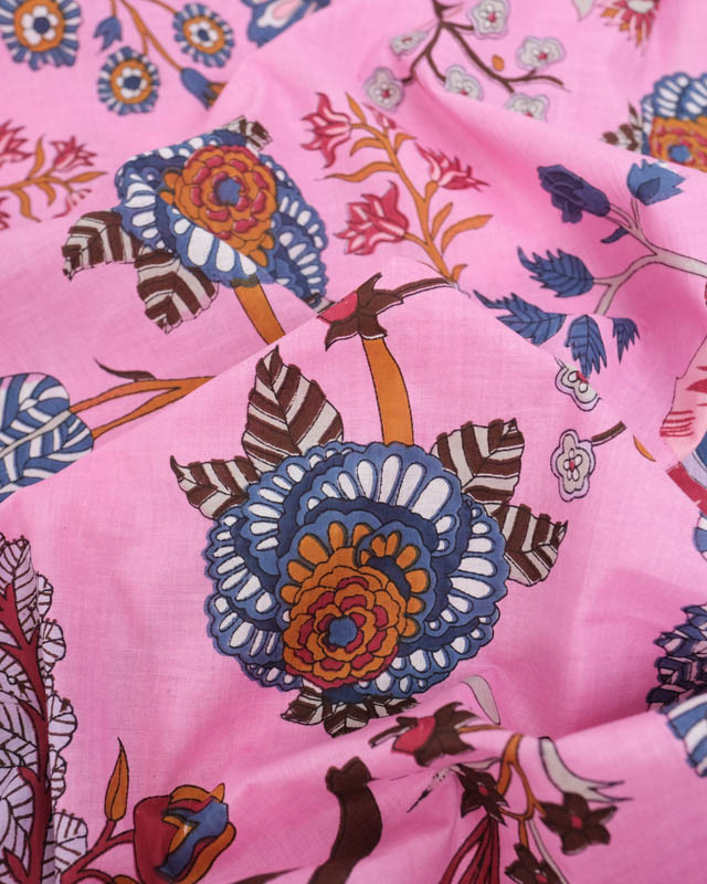 Voile de Coton Esprit Indien Rose Bonbon Motif Floral - Mercerine