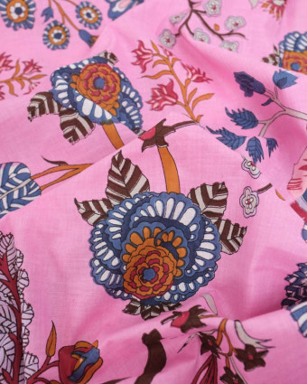 Voile de Coton Esprit Indien Rose Bonbon Motif Floral - Mercerine
