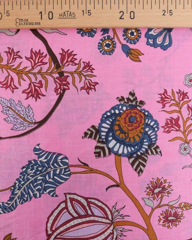 Voile de Coton Esprit Indien Rose Bonbon Motif Floral - Mercerine