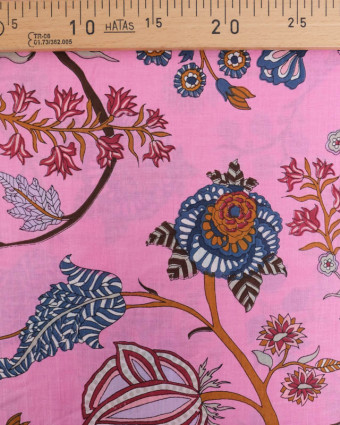 Voile de Coton Esprit Indien Rose Bonbon Motif Floral - Mercerine