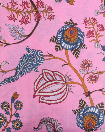 Voile de Coton Esprit Indien Rose Bonbon Motif Floral - Mercerine