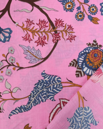 Voile de Coton Esprit Indien Rose Bonbon Motif Floral - Mercerine