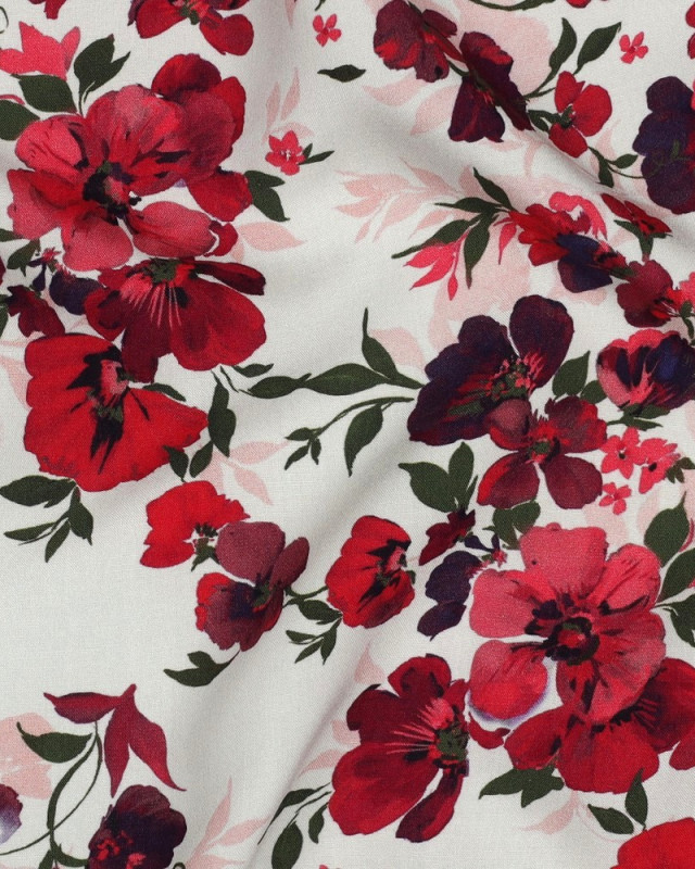 Viscose Ecovero Fleurs Framboise Fond Ecru - Mercerine