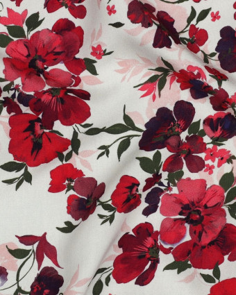 Viscose Ecovero Fleurs Framboise Fond Ecru - Mercerine