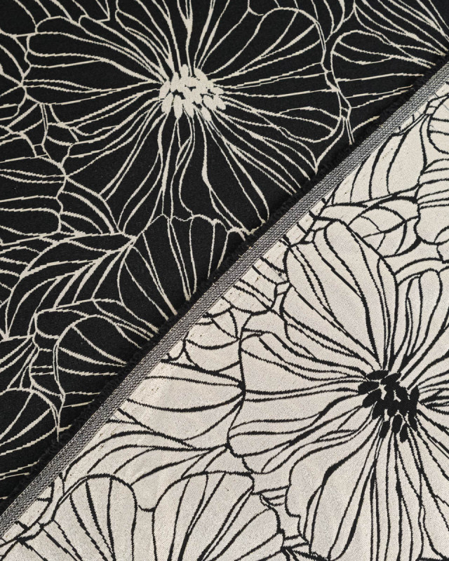 Tissu Jacquard Grandes Fleurs Noir Doré - Mercerine