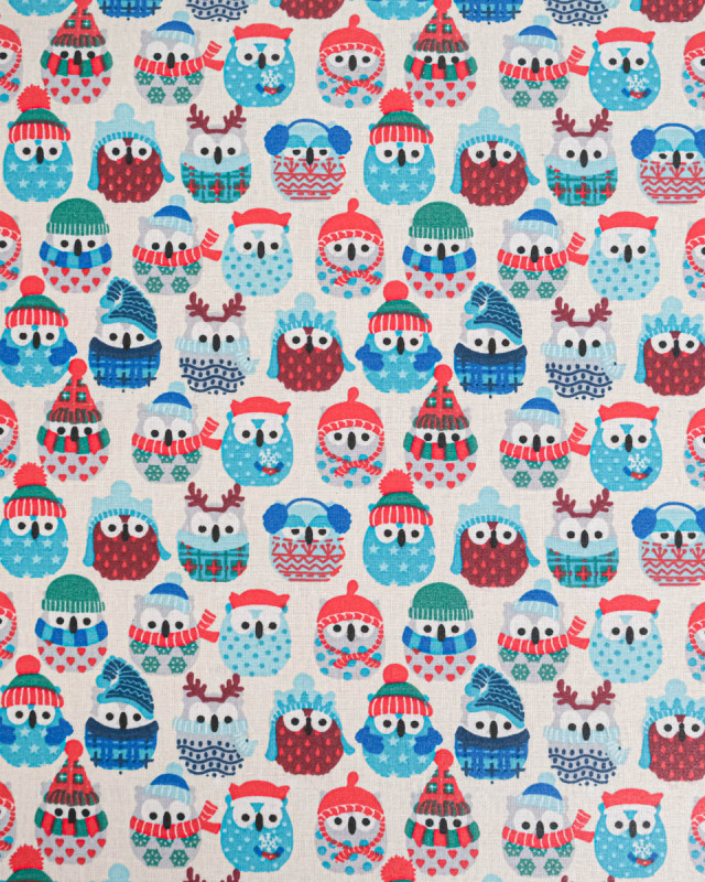 Cretonne de Coton Enduit Hiboux Bleu Glacier - Mercerine