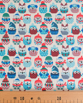 Cretonne de Coton Enduit Hiboux Bleu Glacier - Mercerine