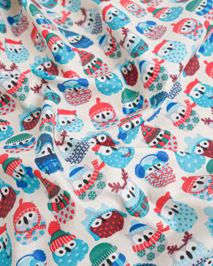 Cretonne de Coton Enduit Hiboux Bleu Glacier - Mercerine