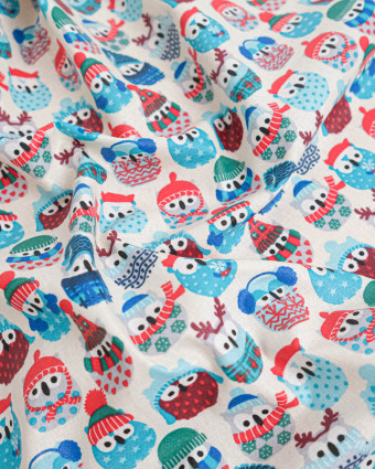 Cretonne de Coton Enduit Hiboux Bleu Glacier - Mercerine