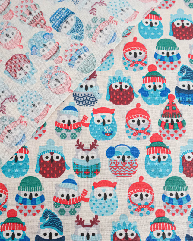 Cretonne de Coton Enduit Hiboux Bleu Glacier - Mercerine