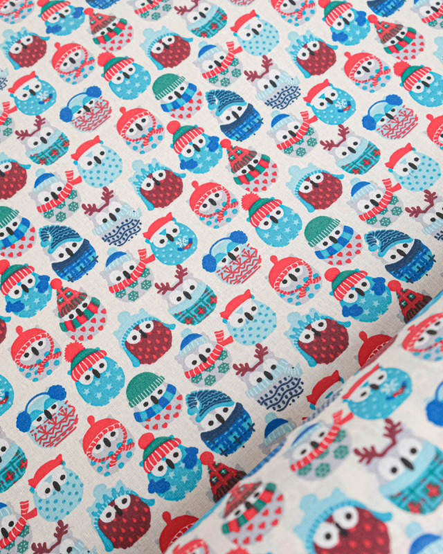 Cretonne de Coton Enduit Hiboux Bleu Glacier - Mercerine