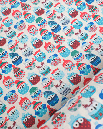 Cretonne de Coton Enduit Hiboux Bleu Glacier - Mercerine