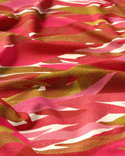 Viscose Motif Feuillage Rouge et Rose - Mercerine