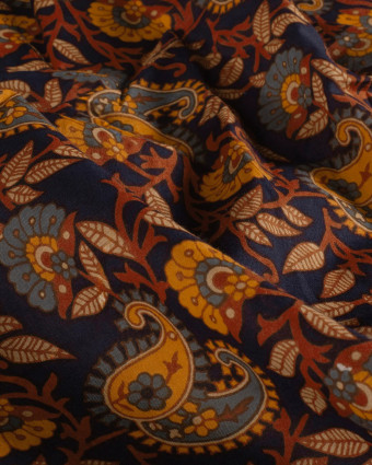 Voile de Coton Esprit Indien Bleu Marine Motif Cachemire  - Mercerine