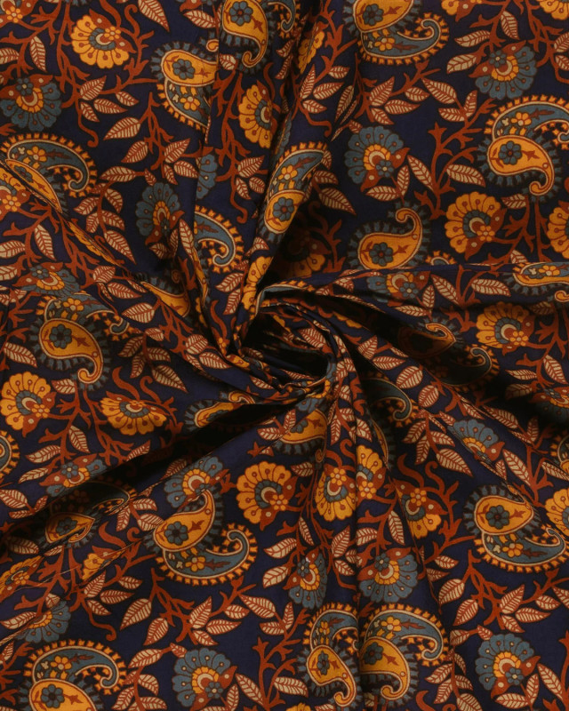 Voile de Coton Esprit Indien Bleu Marine Motif Cachemire  - Mercerine