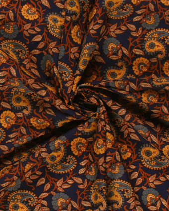 Voile de Coton Esprit Indien Bleu Marine Motif Cachemire  - Mercerine