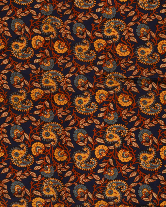 Voile de Coton Esprit Indien Bleu Marine Motif Cachemire  - Mercerine