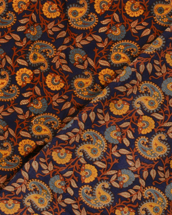 Voile de Coton Esprit Indien Bleu Marine Motif Cachemire  - Mercerine
