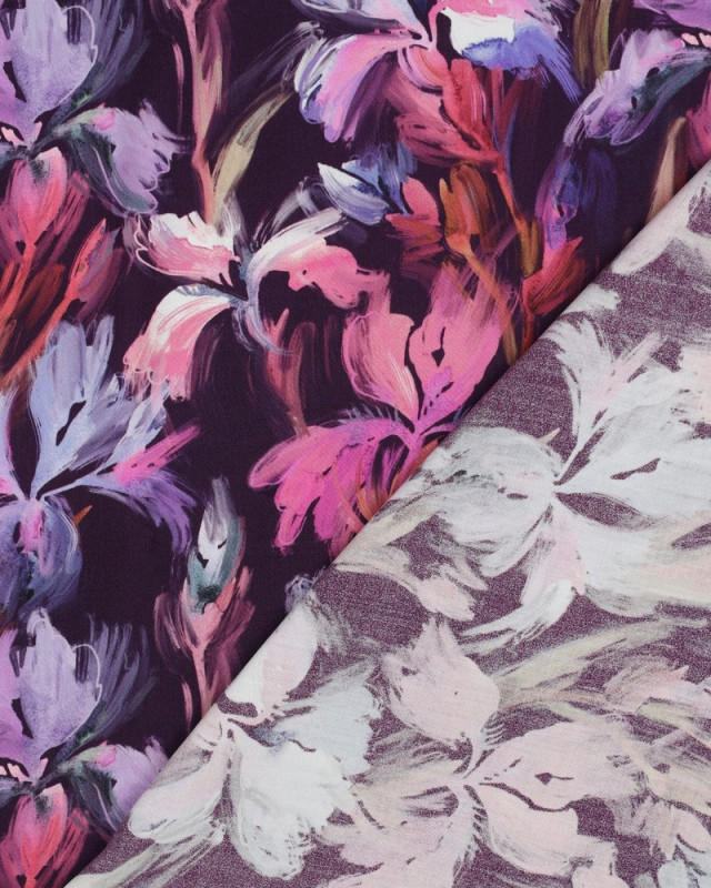 Tissu Viscose Prune Motif Floral Aquarelle - Mercerine