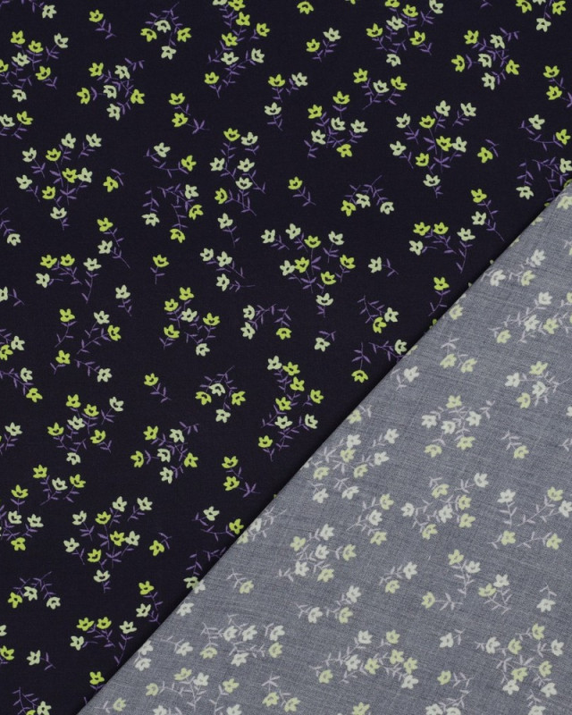 Tissu Viscose Violet Foncé Petites Fleurs Vertes - Mercerine