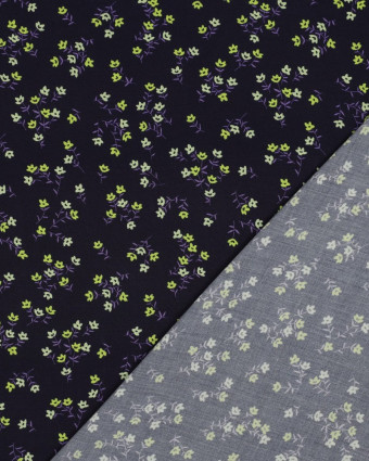 Tissu Viscose Violet Foncé Petites Fleurs Vertes - Mercerine
