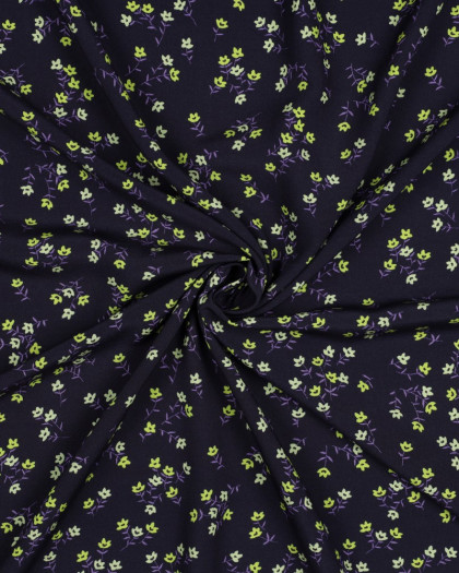 Tissu Viscose Violet Foncé Petites Fleurs Vertes - Mercerine