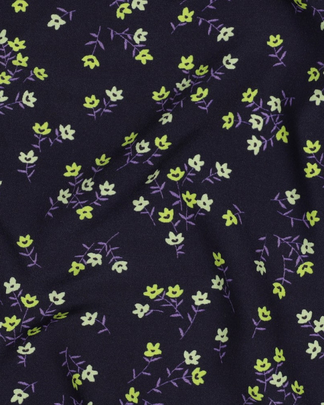 Tissu Viscose Violet Foncé Petites Fleurs Vertes - Mercerine