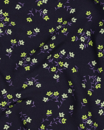 Tissu Viscose Violet Foncé Petites Fleurs Vertes - Mercerine
