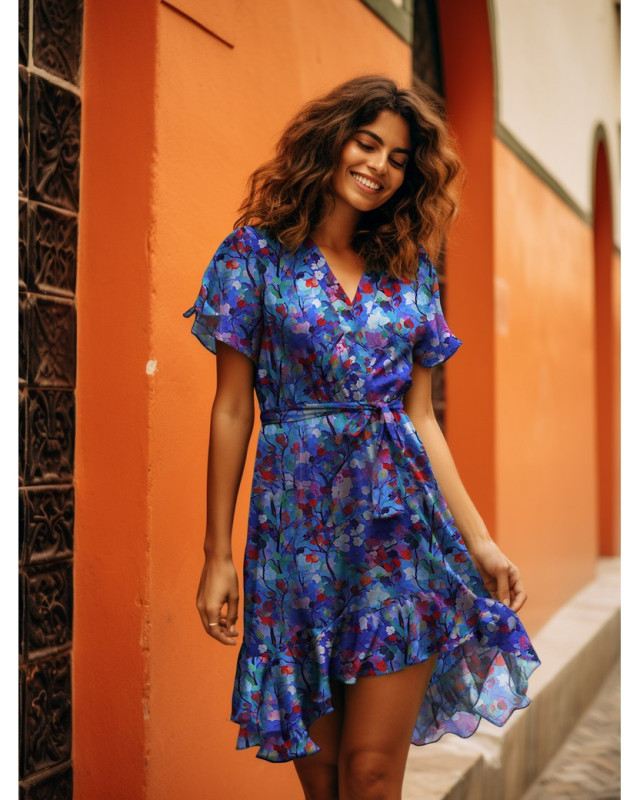 Tissu Viscose Bleu Roi Motif Fleuri Coloré - Mercerine