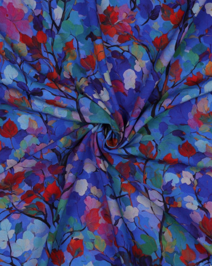 Tissu Viscose Bleu Roi Motif Fleuri Coloré - Mercerine