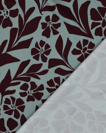Tissu Viscose Stretch Vert D'eau Motif Fleuri Prune - Mercerine