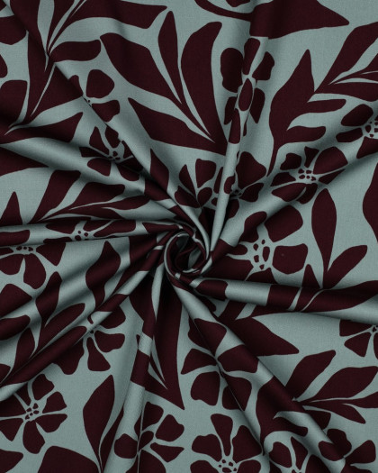 Tissu Viscose Stretch Vert D'eau Motif Fleuri Prune - Mercerine