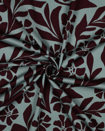 Tissu Viscose Stretch Vert D'eau Motif Fleuri Prune - Mercerine