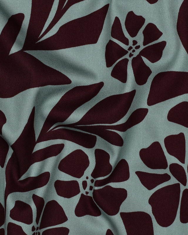 Tissu Viscose Stretch Vert D'eau Motif Fleuri Prune - Mercerine