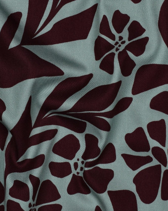 Tissu Viscose Stretch Vert D'eau Motif Fleuri Prune - Mercerine